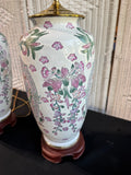 Pair of Chinese Pink Floral 3-Way Ginger Jar Lamps (WORKS)