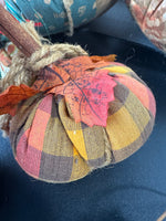 Lot of 5 Bohemian Patchwork Fabric Pumpkins with Rustic Metal Leaf Garland