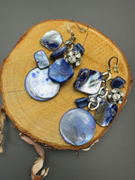 Blue Dyed Shell & Rhinestone Accented Silver Tone Cluster Drop Earrings