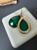 Green Faceted Teardrop Gold Tone Earrings