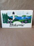Rectangle Hand Painted Lighthouse Welcome Sign - Stone Slab