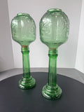 Pair of Empoli Style 2-Piece Vintage Green Glass Hurricane Candle Lamps