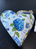 Pair of Evergreen Blue Hydrangeas Puffed Metal Hanging Hearts