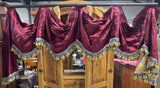 Burgundy Waterfall Valance with Tassels on Wooden Rod