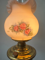Pink Fenton Burmese Style Brass Lamp with Hand Painted Signed Floral Shade (WORKS)