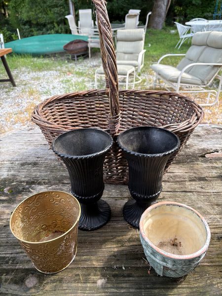 Gardening Basket and Four Small Plastic/Metal Planters