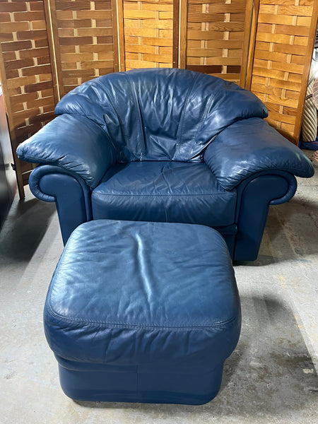 Blue Vinyl/Faux Leather Chair and Ottoman