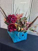 Faux Florals & Feathers Arrangement in Turquoise Wooden Woven Basket