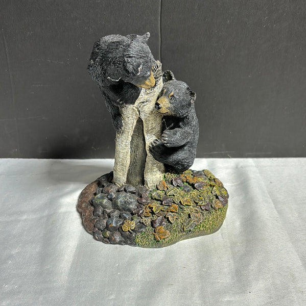 Vintage Living Stone Black Bear Cubs In Tree Figurine
