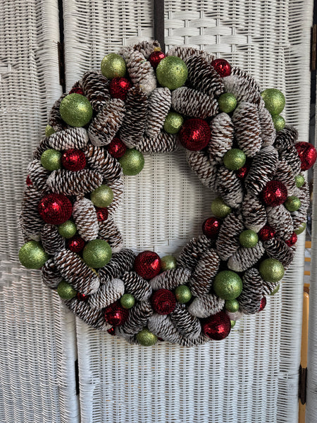 Frosted Pinecone Wreath with Glittery Ornaments