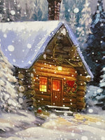 Cabin in Snowy Forest by Creek on Canvas