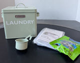 Sage Green Farmhouse Style Metal Laundry Bin with Scoop, Mesh Washing Bag & Machine Cleaner