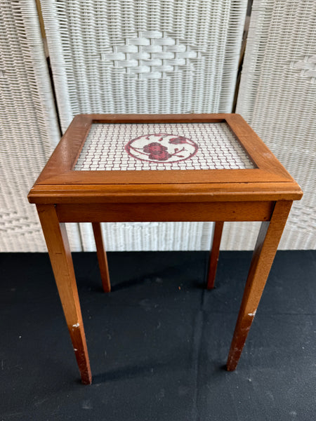 (A) Needlepoint Accented Glass Top Wooden Table or Plant Stand AS IS (READ DESCRIPTION CAREFULLY)