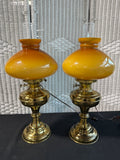 Pair Of Brass Kerosene Lamps With Honey Amber Glass Shade ** READ DESCRIPTION CAREFULLY**