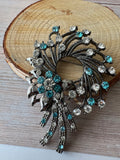 Blue & White Rhinestone Silver Tone Spray Wreath Brooch