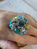 Faceted Blue & Green Stone Collage Stretch Cocktail Ring