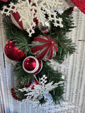 Faux Fir Glittery Bow Swag with Red & White Ornaments