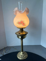 Pink Fenton Burmese Style Brass Lamp with Hand Painted Signed Floral Shade (WORKS)