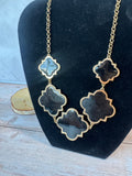 Black Enamel Gold Tone Quatrefoil Statement Necklace