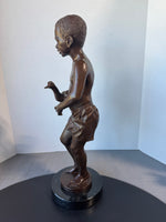 Signed & Numbered Charles Cropper Parks Bronze & Marble Boy with Duck Sculpture