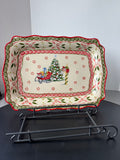Temptations Old World Christmas Winter Scene Platter with Sled Metal Stand