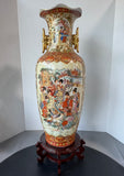 Japanese Vintage Satsuma Style Large Porcelain Fluted Vase on Wooden Stand