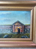 Folk Art Framed Original Oil Painting Fort Gateway Stone Wall Coastal Landscape