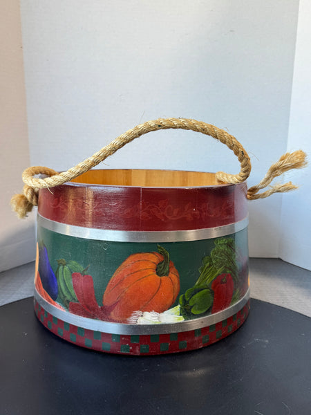 (D) Basketville Veggie Tole Painted Vintage Large Wooden Bucket with Rope Handle