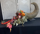 Large Faux Floral Wicker Woven Cornucopia on Stand