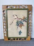(A) Vintage Asian Silk Bird with Flowers Painting in Wooden Cut Out Frame