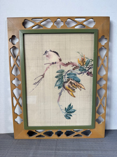 (A) Vintage Asian Silk Bird with Flowers Painting in Wooden Cut Out Frame