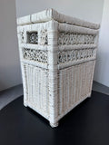 White Woven Wicker Vintage Storage Basket or Small Hamper with Hinged Lid