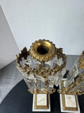 Pair of Antique Girandole Brass, Marble & Crystal Prism Candlesticks with Oil Lamp Conversion Inserts