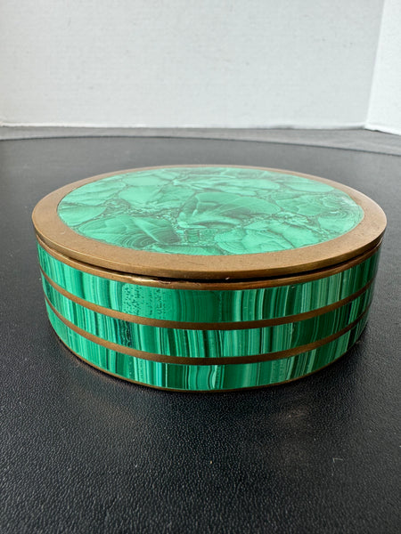 Vintage Malachite & Bronze Round Trinket Box