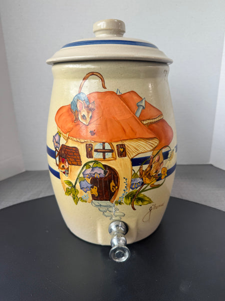 J. Thomas Signed & Hand Painted Vintage Pottery Crock Beverage Dispenser