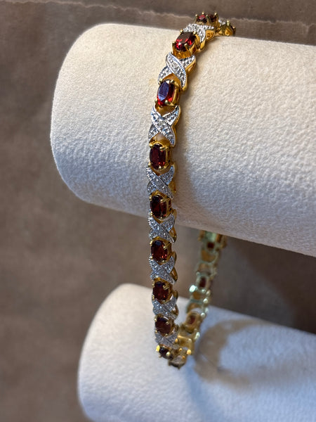 Gold Tone Bracelet with Faux Garnets - FOR LARGER WRIST