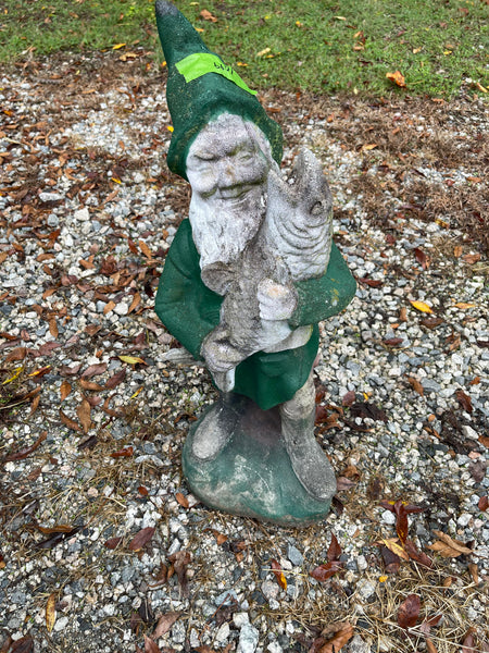 Large Cement Garden Gnome Holding Fish