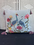 Asian Inspired Crowned Cranes Embroidered Throw Pillow with Tassels