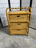 Curved Bent-Rattan Vintage Three Drawer Storage Unit; Side Handles and Woven Wicker Baskets
