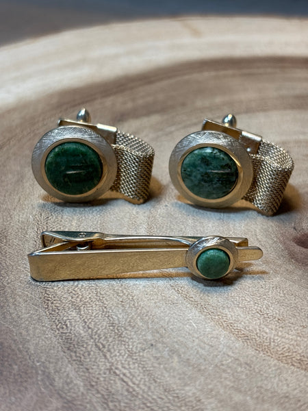 Gold/Green Cuff Link & Tie Pin Set