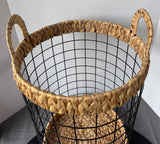 Farmhouse Style Round Woven Seagrass & Wire Storage Basket or Hamper