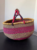 Pink & Purple Woven African Bolga Basket with Leather Wrapped Handle