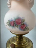 Pink Fenton Burmese Style Brass Lamp with Hand Painted Signed Floral Shade (WORKS)