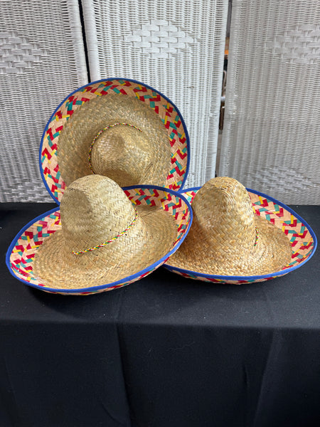 Trio of Blue Rimmed Straw Sombreros