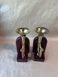 Brass Horn On Wood Bookends - Pair