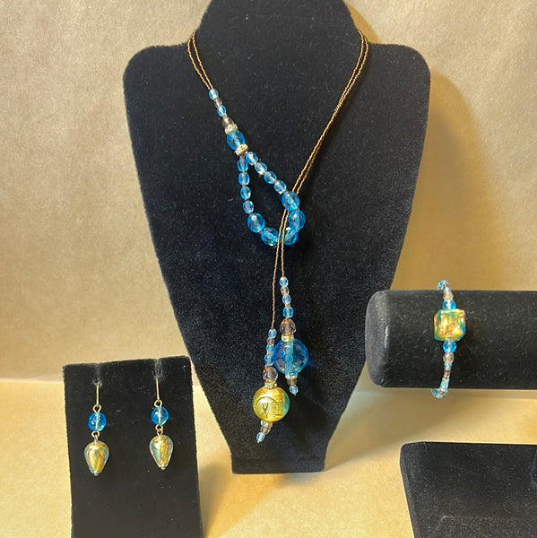 Blue, Yellow & Brown Beaded Necklace, Earrings & Bracelet Set