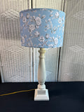 Distressed Cream Spindle Lamp with Blue Floral Shade (WORKS)