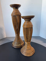 Pair of Bamboo & Wooden Pillar Candle Holders