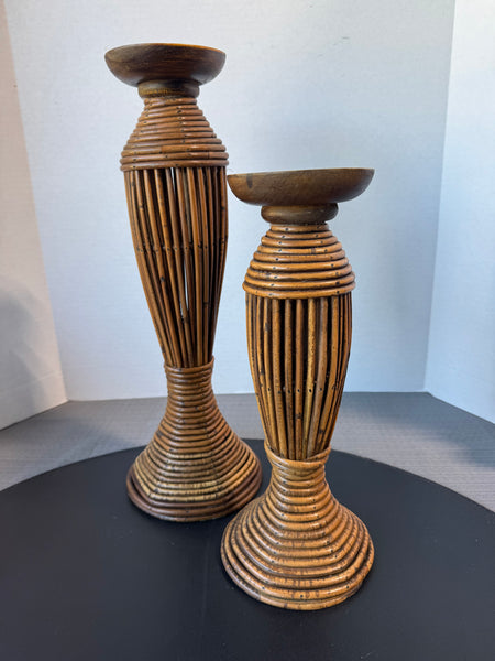 Pair of Bamboo & Wooden Pillar Candle Holders
