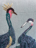 Asian Inspired Crowned Cranes Embroidered Throw Pillow with Tassels